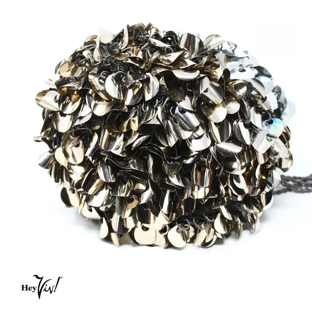 Vintage Evening Purse Gold and Silver Paillettes Crochet Drawstring Bag -Hey Viv